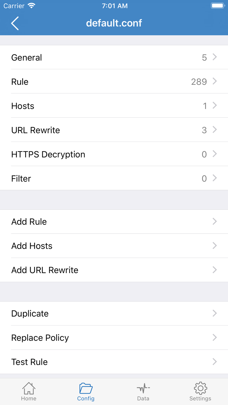 ShadowrocketのConfig設定編集画面の公式スクリーンショット。General、Rule、Hosts、URL Rewrite、HTTPS Decryption、Add Ruleが表示されています。