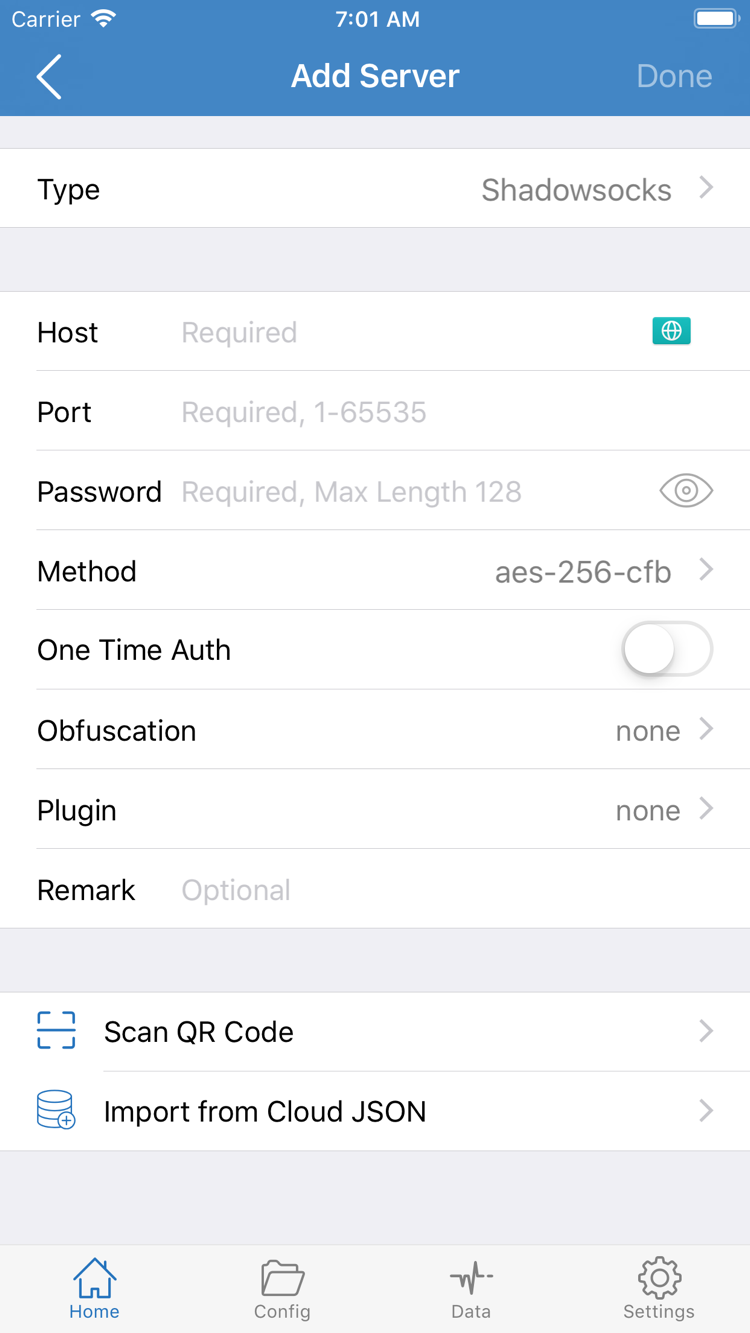 ShadowrocketのAdd Server公式スクリーンショット。Type、Host、Port、Password、Method、Scan QR Code、Import from Cloud JSONが表示されています。