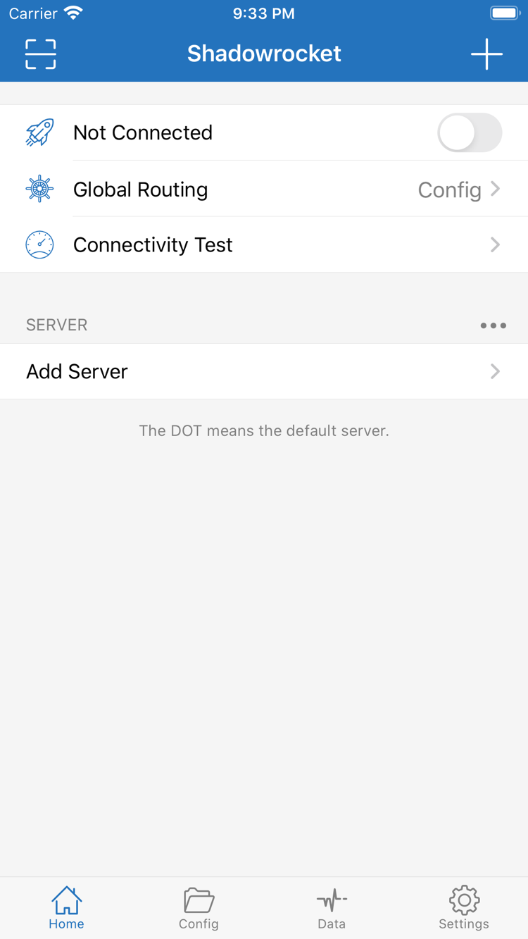 Not Connected、Global Routing、Connectivity Test、Add Server が表示された Shadowrocket Home の公式スクリーンショット