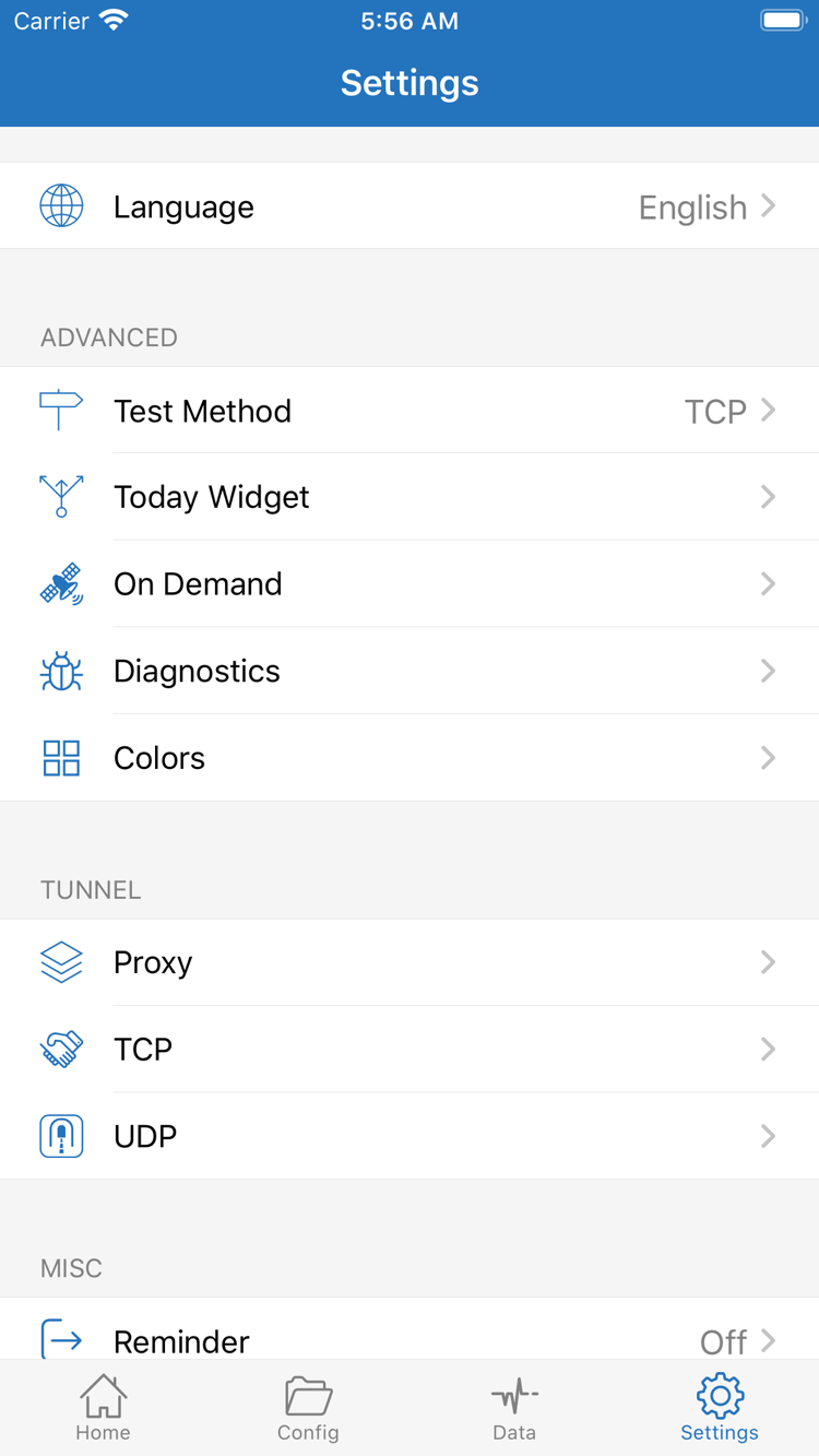 ShadowrocketのSettings公式スクリーンショット。Language、Test Method、Today Widget、On Demand、Diagnostics、Proxy、TCP、UDPが表示されています。